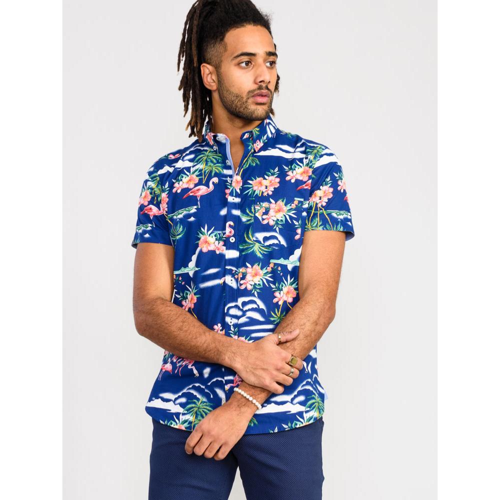 D555 DURHAM FLAMINGO PRINT HAWAIIAN COTTON SHIRT