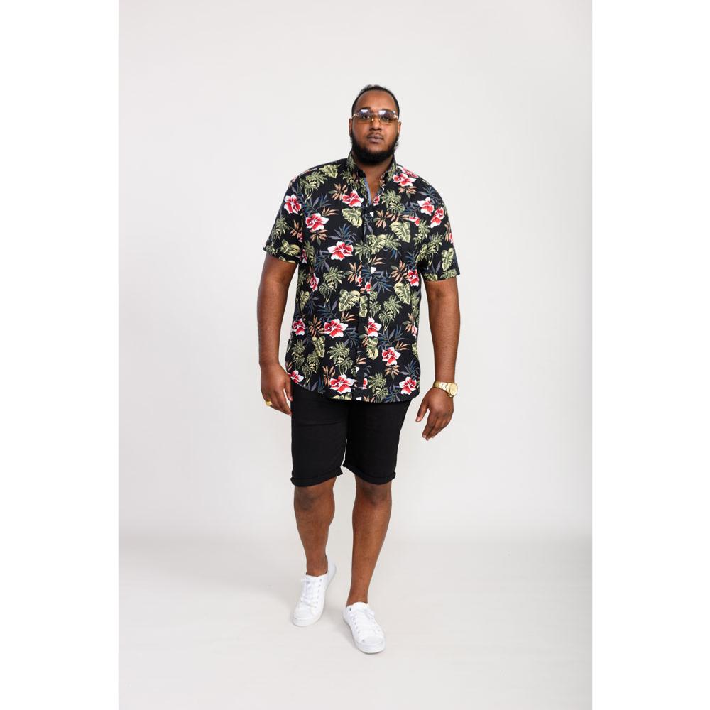 D555 Wilton Big Mans Hawaiian Floral Print Cotton Shirt Black
