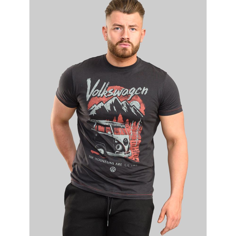 D555 LONGLEAT OFFICIAL LICENSED VW PRODUCT CAMPERVAN PRINT T-SHIRT THE MOUNTAINS ARE CALLING
