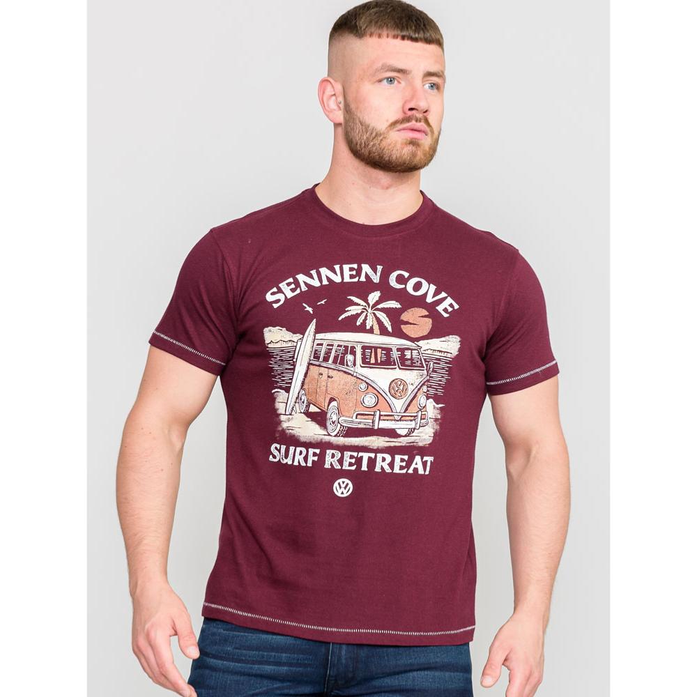 D555 KESWICK OFFICIAL LICENSED VW SURF BEACH CAMPERVAN PRINTED TEE BURGUNDY