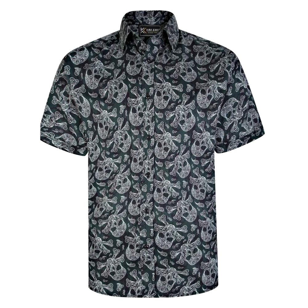 KAM RETRO SKULL PRINT SHORT SLEEVE SHIRT BLACK