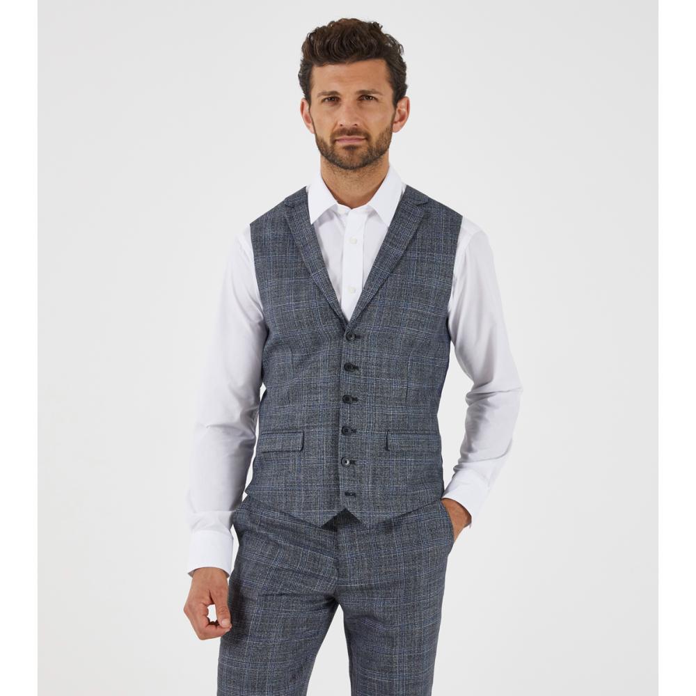 SKOPES ACARO NEW LYFCYCLE SUIT RANGE GREY AND BLUE CHECK WAISTCOAT