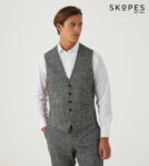 ROWAN – SKOPES WOOL BLEND HERRINGBONE WAISTCOAT WITH OVER CHECK BROWN