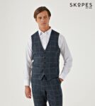 HEATON – SKOPES WOOL BLEND HERRINGBONE WAISTCOAT WITH OVER CHECK NAVY