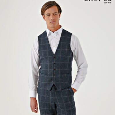 HEATON - SKOPES WOOL BLEND HERRINGBONE WAISTCOAT WITH OVER CHECK NAVY