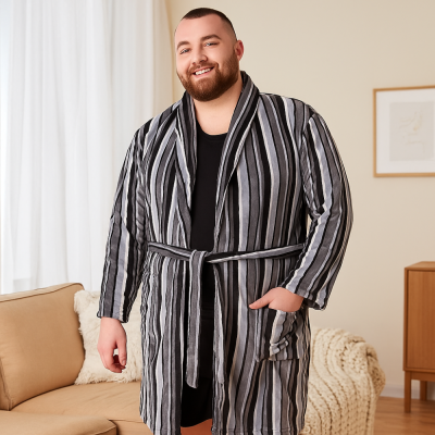 ESPIONAGE Mens Stripe Big Fleece Dressing Gown BLACK/GREY PJ152